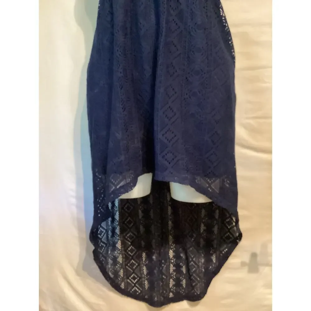1142 Bailey Blue Strapless Open Bow Back Lace Maxi High Low Small Navy Blue